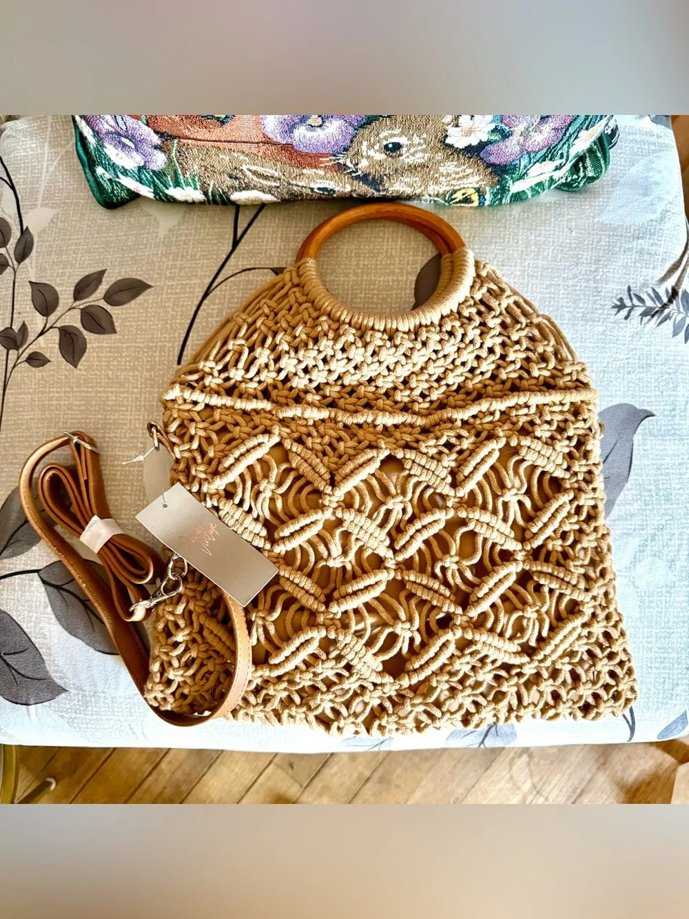 MACRAMÉ TOTE WOODEN HANDLES FOLDOVER  CROSSBODY STRAP NWT